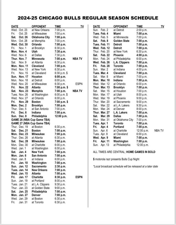 Chicago Bulls Schedule For Season Dates Times Opponents On