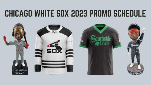A graphic for the Chicago White Sox 2023 Promotional Schedule featuring the Eloy Jimenez and Luis Robert bobbleheads, hockey jersey, and Southside Irish Halfway to St. Patrick's Day soccer jersey