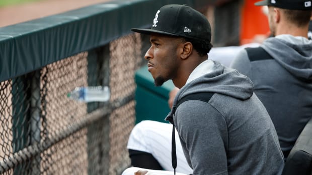 Aug 13, 2022; Chicago, Illinois, USA; Chicago White Sox injured shortstop Tim Anderson sits in the dugout during the first inning of a game against the Detroit Tigers at Guaranteed Rate Field.