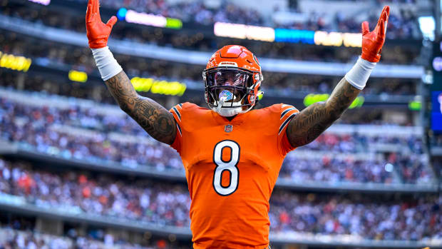 Oct 30, 2022; Arlington, Texas, USA; Chicago Bears wide receiver N'Keal Harry (8) celebrates scoring a touchdown against the Dallas Cowboys during the second quarter at AT&T Stadium.