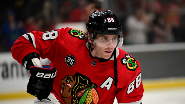 Mar 24, 2022; Los Angeles, California, USA; Chicago Blackhawks right wing Patrick Kane (88) warms up before the game against the Los Angeles Kings at Crypto.com Arena.