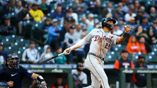 Oct 4, 2022; Seattle, Washington, USA; Detroit Tigers right fielder Victor Reyes (22) follows through on a two-run home run against the Seattle Mariners during the seventh inning at T-Mobile Park.