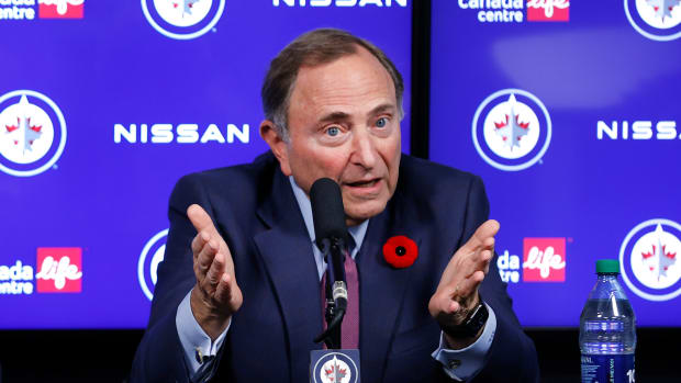 Nov 8, 2022; Winnipeg, Manitoba, CAN; NHL Commisioner Gary Bettman addresses the media before a game against the Winnipeg Jets and Dallas Stars at Canada Life Centre.