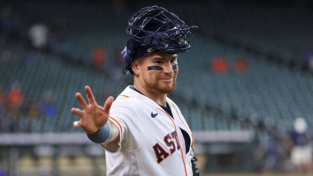 Sep 7, 2022; Houston, Texas, USA; Houston Astros catcher Christian Vazquez (9) waves while walking on the field before the game against the Texas Rangers at Minute Maid Park.