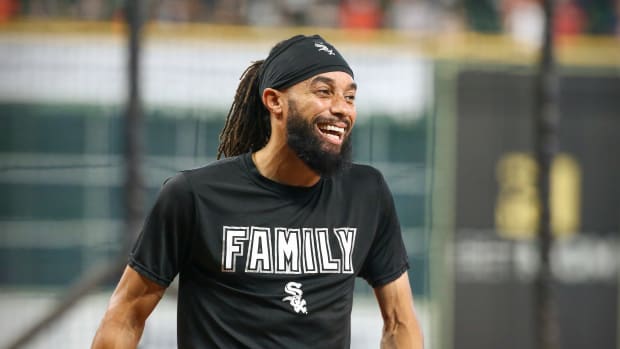Oct 8, 2021; Houston, Texas, USA; Chicago White Sox center fielder Billy Hamilton (0) warms up before the game against the Houston Astros in game two of the 2021 ALDS at Minute Maid Park.