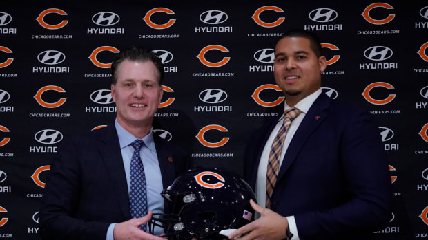 Jan 31, 2022; Lake Forest, IL, USA; Chicago Bears-Head Coach Matt Eberflus (left) and new Bears General Manager Ryan Poles (right) pose for photos during a Press Conference