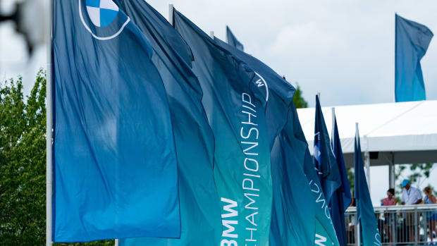 Aug 21, 2022; Wilmington, Delaware, USA; General view of tournament banners outside the clubhouse during the final round of the BMW Championship golf tournament.