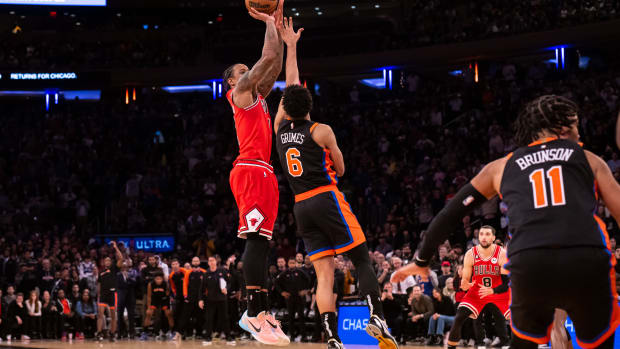 Dec 23, 2022; New York, New York, USA; Chicago Bulls forward DeMar DeRozan (11) shoots the ball and is fouled during the fourth quarter against the New York Knicks at Madison Square Garden.