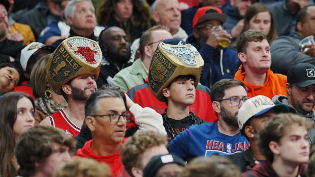 Nov 16, 2022; New Orleans, Louisiana, USA; Chicago Bulls fans watch the game against the New Orleans Pelicans during the first quarter at Smoothie King Center.