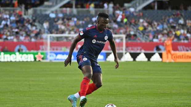 Jul 9, 2022; Chicago, Illinois, USA; Chicago Fire FC defender Jhon Espinoza (14) controls the ball against the Columbus Crew SC at Soldier Field.