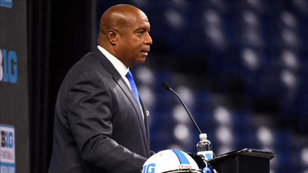 Jul 26, 2022; Indianapolis, IN, USA; Big Ten commissioner Kevin Warren talks to the media during Big 10 football media days at Lucas Oil Stadium.