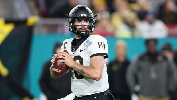 Dec 23, 2022; Tampa, Florida, USA; Wake Forest Demon Deacons quarterback Sam Hartman (10) drops back to pass against the Missouri Tigers in the first quarter in the 2022 Gasparilla Bowl at Raymond James Stadium.