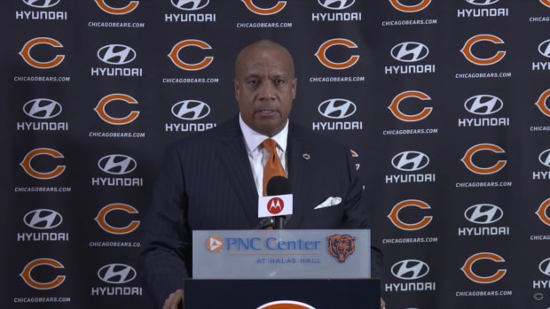 Chicago Bears new President and CEO Kevin Warren speaks to reporters during his introductory press conference at Halas Hall.