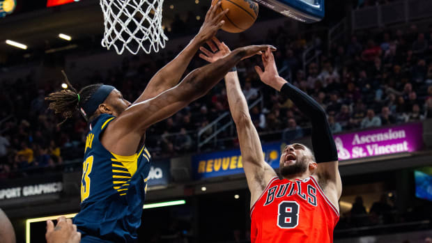 Jan 24, 2023; Indianapolis, Indiana, USA; Indiana Pacers center Myles Turner (33) blocks the shot of Chicago Bulls guard Zach LaVine (8) in the second half at Gainbridge Fieldhouse.