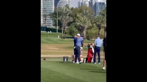 A screenshot from the video of Patrick Reed throwing a tee at Rory McIlroy