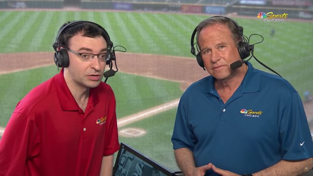 Jason Benetti and Steve Stone in the broadcast booth during the intro to a Chicago White Sox game on NBC Sports Chicago