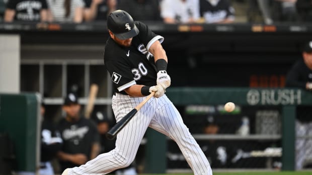 CHICAGO, IL - APRIL 15: Chicago White Sox right fielder Oscar Colas (22)  bats during an MLB game against the Baltimore Orioles on April 15, 2023 at Guaranteed  Rate Field in Chicago