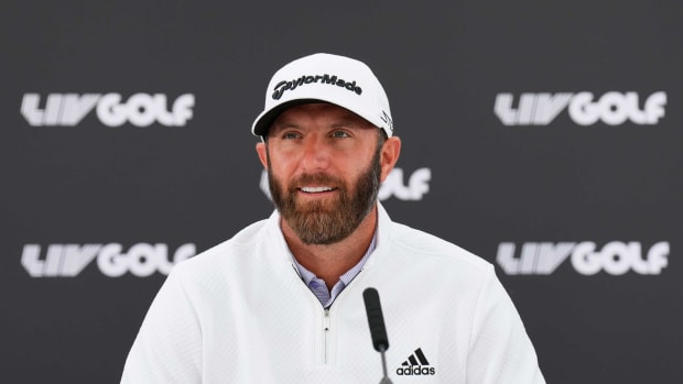 ST ALBANS, ENGLAND - JUNE 07: Dustin Johnson of The United States attends the press conference prior to the LIV Golf Invitational - London at The Centurion Club on June 07, 2022 in St Albans, England. (Photo by Aitor Alcalde/LIV Golf/Getty Images)