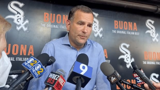 Chicago White Sox general manager Rick Hahn talks to reporters following the 2022 MLB trade deadline