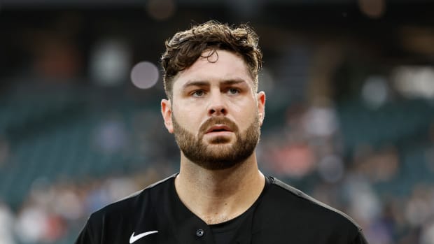 Aug 30, 2022; Chicago, Illinois, USA; Chicago White Sox starting pitcher Lucas Giolito (27) walks back to the dugout after pitching against the Kansas City Royals during the first inning at Guaranteed Rate Field.
