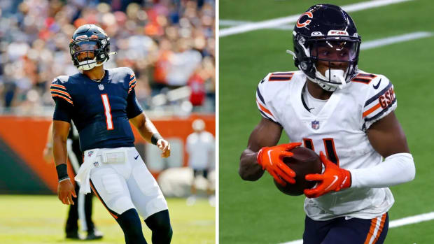 Left: Chicago Bears QB Justin Fields smiles at the sideline; Right: Chicago Bears WR Darnell Mooney hauls in a catch