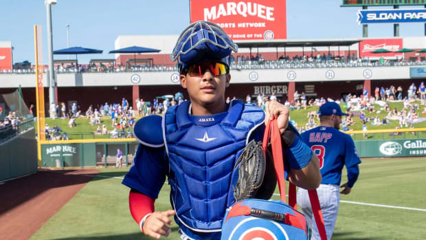 Chicago Cubs catching prospect Miguel Amaya prepares for a Spring Training game
