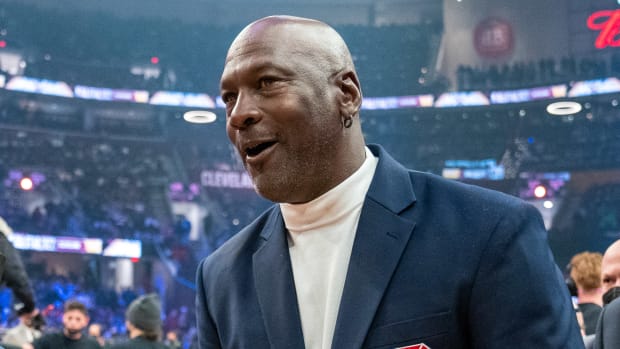 February 20, 2022; Cleveland, Ohio, USA; NBA great Michael Jordan is honored for being selected to the NBA 75th Anniversary Team during halftime in the 2022 NBA All-Star Game at Rocket Mortgage FieldHouse.