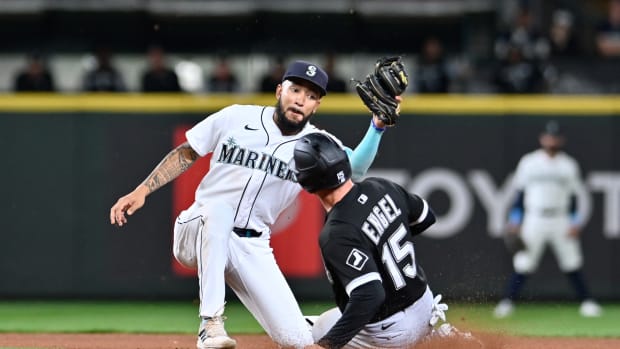 Sep 6, 2022; Seattle, Washington, USA; Chicago White Sox right fielder Adam Engel (15) is caught stealing with a throw from Seattle Mariners catcher Cal Raleigh (not pictured) to shortstop J.P. Crawford (3) during the seventh inning at T-Mobile Park.