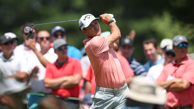 Jun 26, 2022; Cromwell, Connecticut, USA; Kevin Kisner plays a shot from the first tee during the final round of the Travelers Championship golf tournament.