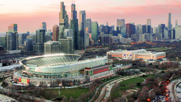 Dec 20, 2021; Chicago, Illinois, USA; In an aerial view, Soldier Field is seen before a game between the Chicago Bears and the Minnesota Vikings at Soldier Field.