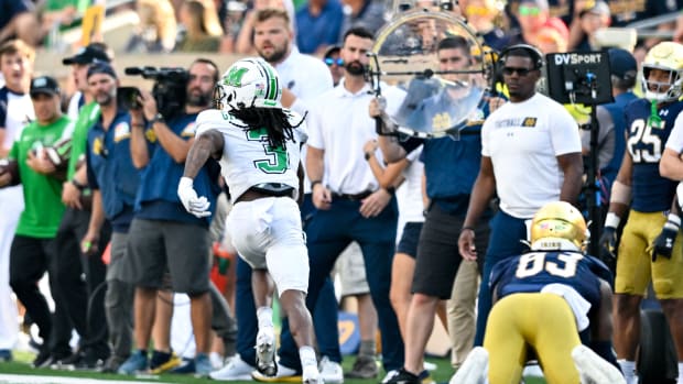 Sep 10, 2022; South Bend, Indiana, USA; Marshall Thundering Herd defensive back Steven Gilmore (3) runs an interception back for a touchdown in the fourth quarter against the Notre Dame Fighting Irish at Notre Dame Stadium.