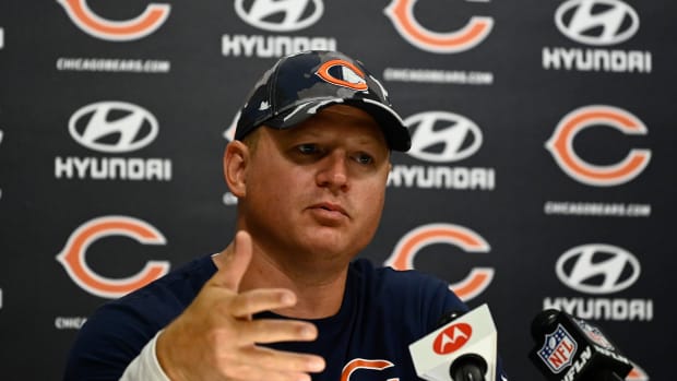 Jul 28, 2022; Lake Forest, IL, USA; Chicago Bears offensive coordinator Luke Getsy talks with the media during training camp at PNC Center at Halas Hall.