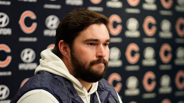 Mar 18, 2022; Lake Forest, IL, USA; Lucas Patrick speaks to the media as he has agreed to a free agent contract with the Chicago Bears. He played for the Green Bay Packers last year.