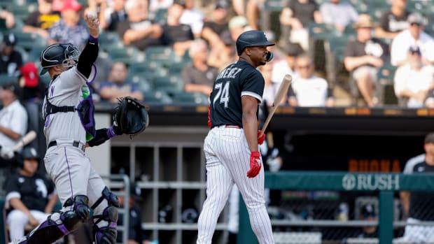 Sep 14, 2022; Chicago, Illinois, USA; Chicago White Sox left fielder Eloy Jimenez (74) reacts after striking out against the Colorado Rockies during the eighth inning at Guaranteed Rate Field.
