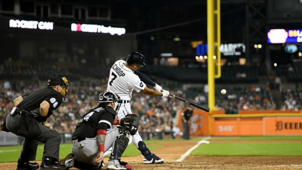 Sep 16, 2022; Detroit, Michigan, USA; Detroit Tigers second baseman Jonathan Schoop (7) hits a solo home against the Chicago White Soxin the sixth inning at Comerica Park.