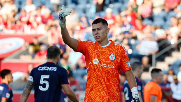 Aug 21, 2022; Chicago, Illinois, USA; Chicago Fire goalkeeper Gabriel Slonina (1) reacts during the second half against New York City at Bridgeview Stadium.