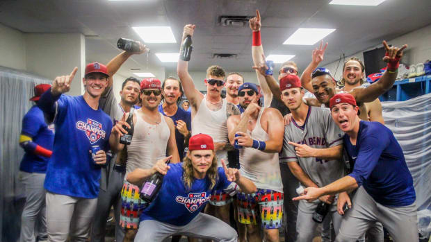 The South Bend Cubs celebrate in the locker room after winning the Midwest League championship