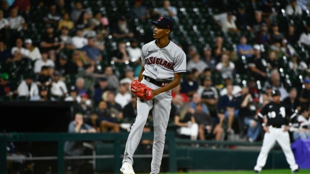 Sep 21, 2022; Chicago, Illinois, USA; Cleveland Guardians starting pitcher Triston McKenzie (24) at the end of the eighth inning against the Chicago White Sox at Guaranteed Rate Field.