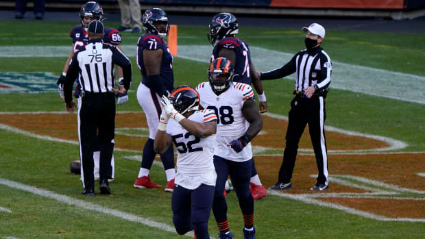 Dec 13, 2020; Chicago, Illinois, USA; Chicago Bears outside linebacker Khalil Mack (52) reacts after getting a safety on Houston Texans quarterback Deshaun Watson (not pictured) during the second quarter at Soldier Field.