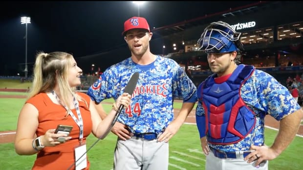Chicago Cubs prospects Chris Clarke and Harrison Wenson speak to a reporter following the Tennessee Smokies' win to advance to the Southern League Championship series