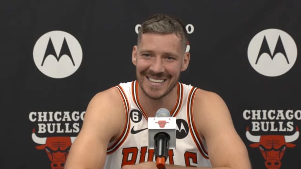 Goran Dragic shares a laugh with reporters at his press conference during Chicago Bulls' media day 2022