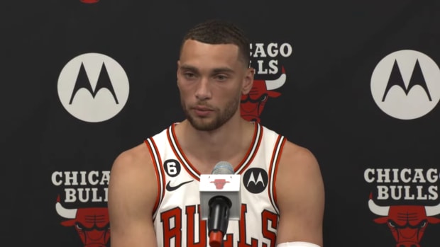 Zach LaVine speaks to reporters at his press conference during Chicago Bulls' media day 2022