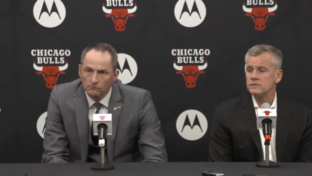 Arturas Karnisovas and Billy Donovan hold a press conference during Chicago Bulls' media day 2022