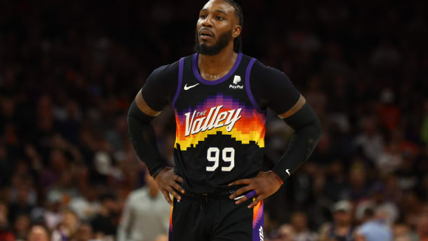 Apr 19, 2022; Phoenix, Arizona, USA; Phoenix Suns forward Jae Crowder (99) against the New Orleans Pelicans during game two of the first round for the 2022 NBA playoffs at Footprint Center.