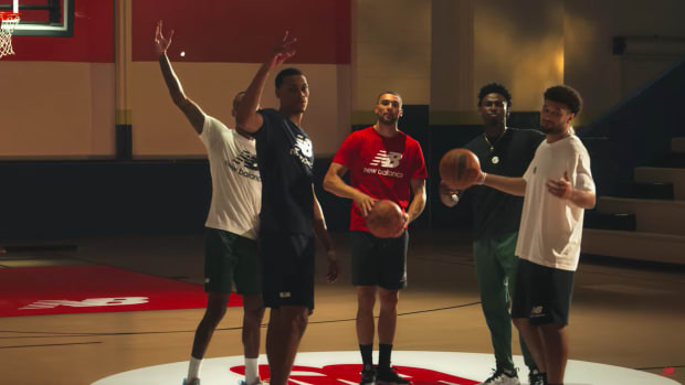 Zach LaVine poses with fellow NBA stars in the New Balance TWO WXY v3 commercial