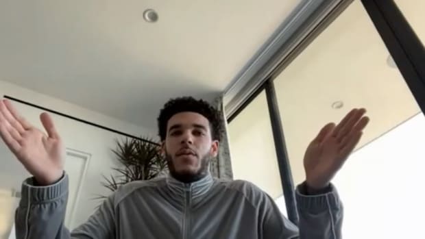 Chicago Bulls guard Lonzo Ball discusses his knee injury with reporters via a Zoom call