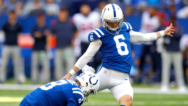 Indianapolis Colts kicker Michael Badgley (6) kicks a field goal Sunday, Oct. 17, 2021, during a game against the Houston Texans at Lucas Oil Stadium in Indianapolis.