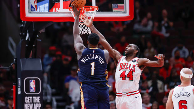Oct 4, 2022; Chicago, Illinois, USA; New Orleans Pelicans forward Zion Williamson (1) shoots against Chicago Bulls forward Patrick Williams (44) during the second half of a preseason NBA basketball game at United Center.