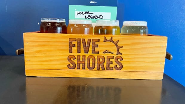A beer flight from Five Shores Brewing