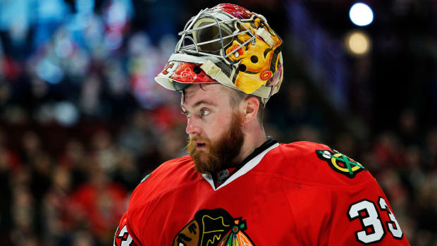 Jan 26, 2017; Chicago, IL, USA; Chicago Blackhawks goalie Scott Darling (33) looks on during the second period of the game against the Winnipeg Jets at United Center.